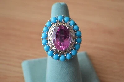 Anillo triplete de cuarzo orquídea de 14,65 quilates/turquesa SB platino sobre plata talla 8 Foto 1 de 4