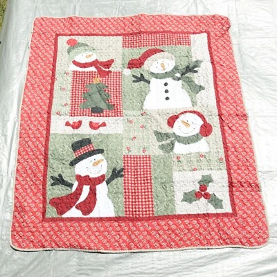 Country Snowmen throw Quilt Winter Snow Polyester Red Green Beige 60X50 - Image 1 of 4