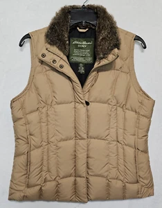 Eddie Bauer Goose Down Full Zip Puffer Vest Petite M Tan Faux Fur Collar Jacket - Picture 1 of 15