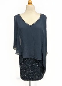 NUEVO CON ETIQUETAS JKara Vestido de Fiesta Cóctel Talla 16 Gris Humo Cuentas - Imagen 1 de 18