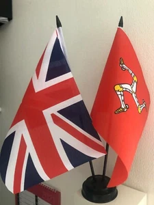 UNION JACK AND ISLE OF MAN TABLE FLAG TWIN SET 9X6" 22.5cm x 15cm - Picture 1 of 1