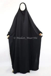 One Piece Full Length Pockets Jilbab Overhead Muslim Prayer Dress Black - Picture 1 of 5