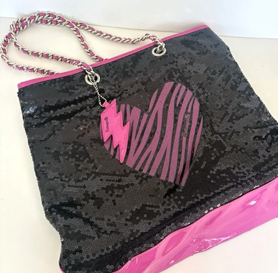 Betseyville Black & Pink Sequin Zebra Print Heart Large Tote Bag Betsey Johnson - Image 1 of 4
