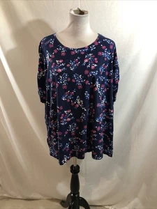 Woman Within Navy Short Sleeve Top, Floral Print, Ties On Sleeves - Womens 1X - Picture 1 of 4