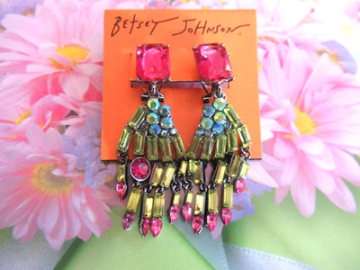 Betsey Johnson Gunmetal Skeleton Witch Hand Drop Earrings Crystal Accents NWT - Image 1 of 4
