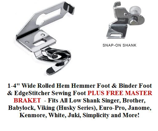 1/8" narrow Rolled Hemmer & Binder Foot & Edgesticher PLUS snap-on BRACKET  USA - Image 1 of 1