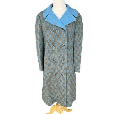 Vintage Checkerboard Plaid Tweed Double Breasted Wool Coat Blue Tan Satin Lined - Image 1 of 4