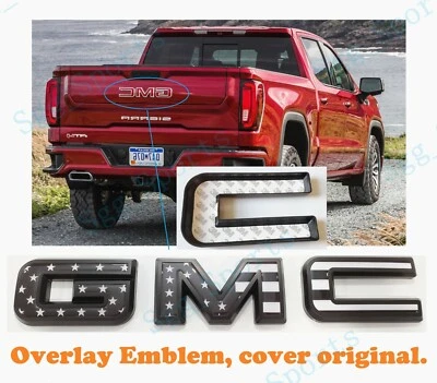 2019-2025 GMC Sierra 1500 2500HD 3500HD Rear Only Black USA Flag OVERLAY Emblem - Image 1 of 4