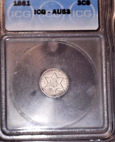1861  Silver Three Cent, ICG AU55, Issue Free Cover