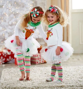 Christmas Kids Baby Girls Reindeer Tops +Tutu Pants Leggings Outfits Set Clothes - Picture 1 of 11
