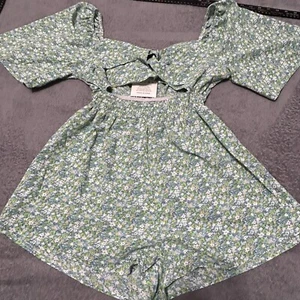 Belongsci Romper Women's M Green Floral Puff Sleeve Cutout Waist Boho - Picture 1 of 9