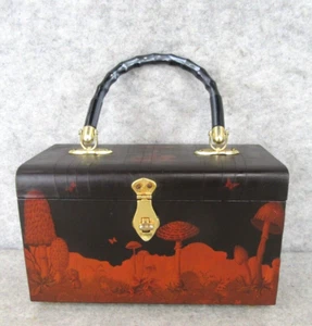 Vintage 1960s Black Wooden WILD MUSHROOMS Purse Handbag Case VERY COOL! - Picture 1 of 24