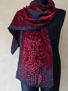 GORDANA velvet velour scarf silk viscose 2 ply black red burgundy 51"x9,4" ITALY - Picture 1 of 8