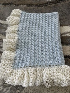 New Blue and White Variegated/White Ruffle Hand Crocheted Baby Afghan/Blanket - Picture 1 of 4