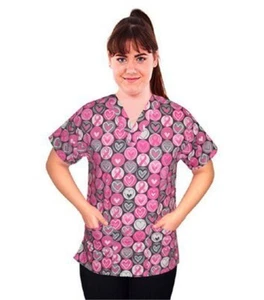 Women’s Pink Ribbon Print V-Neck Scrub Top 2 Pockets, short sleeve nurse medical - Picture 1 of 1