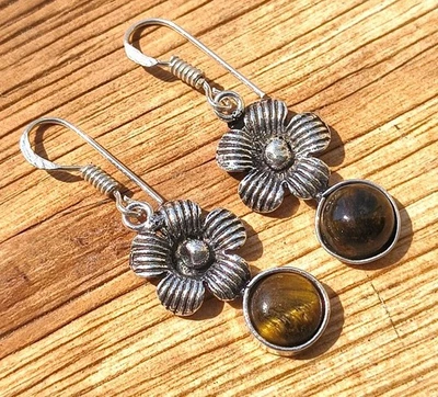 Compra pendientes de piedras preciosas ojo de tigre enchapados en plata de ley 925 joyas hechas a mano Foto 1 de 4