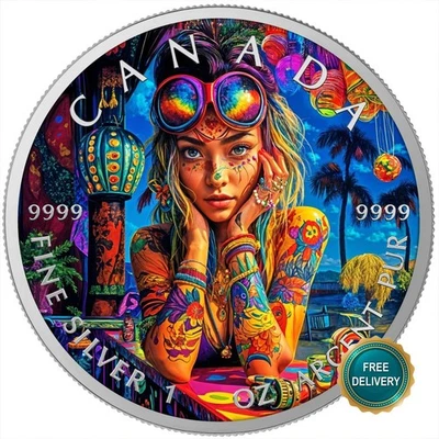 2025 1OZ Silver Canada Tattoo Girl Hippie Colorized Color Certif. ONLY 200pc! - Image 1 of 4
