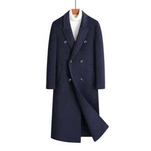 Winter Wool Coat Men's Long Coat Double Breasted Suit Collar Woolen Windbreaker - Picture 1 of 27