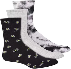 JENNI Women's 3-Pack Assorted Crew Socks One Size Tie Dye Black White Floral - Picture 1 of 4