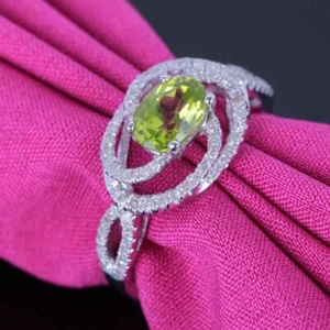 Fine Jewelry 7x5mm Oval Peridot Natural Diamonds Engagement Ring Sterling Silver - Picture 1 of 7