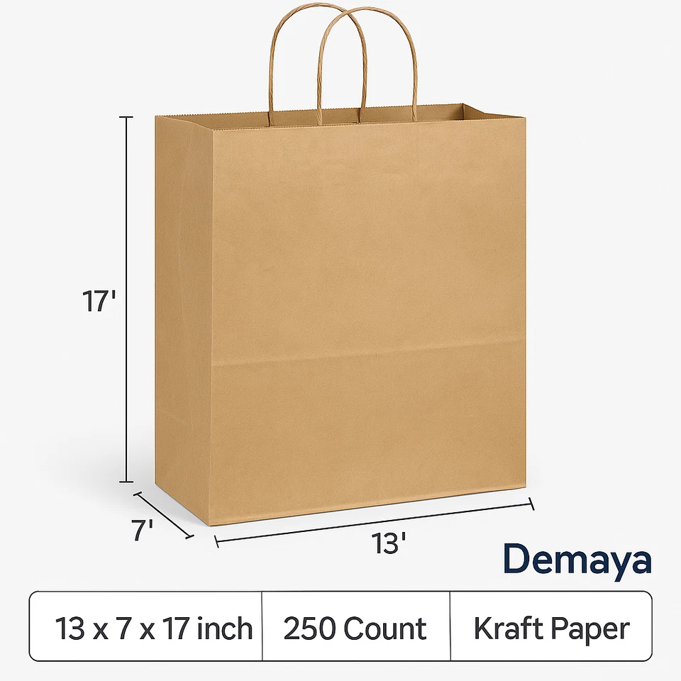 DEMAYA Brown Paper Bags with Handles – 13" x 7" x 17" – Large Kraft Shopping Bags, 250