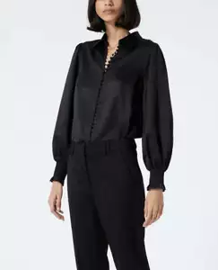 THE KOOPLES shirt top blouse satin flowing button up smocked cuff black 2 - Picture 1 of 13
