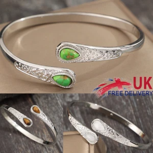 925 Sterling Silver Women Bangle Green Turquoise Gemstone Handmade Jewelry UK - Picture 1 of 8