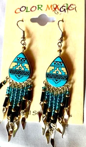Color Magic Teardrop Ethnic Beaded Earrings Aqua Blue e-105 - Picture 1 of 1