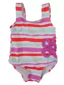 Infant Girls 1 Piece Swimming Suit Purple & Blue Stripe Butterfly Swimwear 12m - Picture 1 of 1