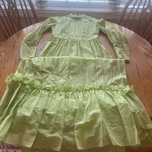 Vintage 70's Pale Green Prairie Maxi Ruffle Dress Long Sleeve Hi Collar M Fairy - Picture 1 of 11