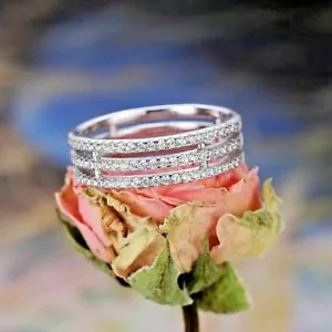 Nuovo anello fascia oro bianco 14 carati fidanzamento donna pavè zirconi simulati taglio tondo 2,10 ct - Foto 1 di 6
