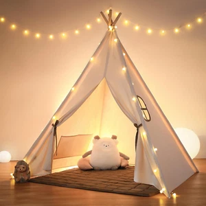 Besrey Teepee Tent for Kid With String Lights & Mat,Playhouse Tipi Tent,White - Picture 1 of 6