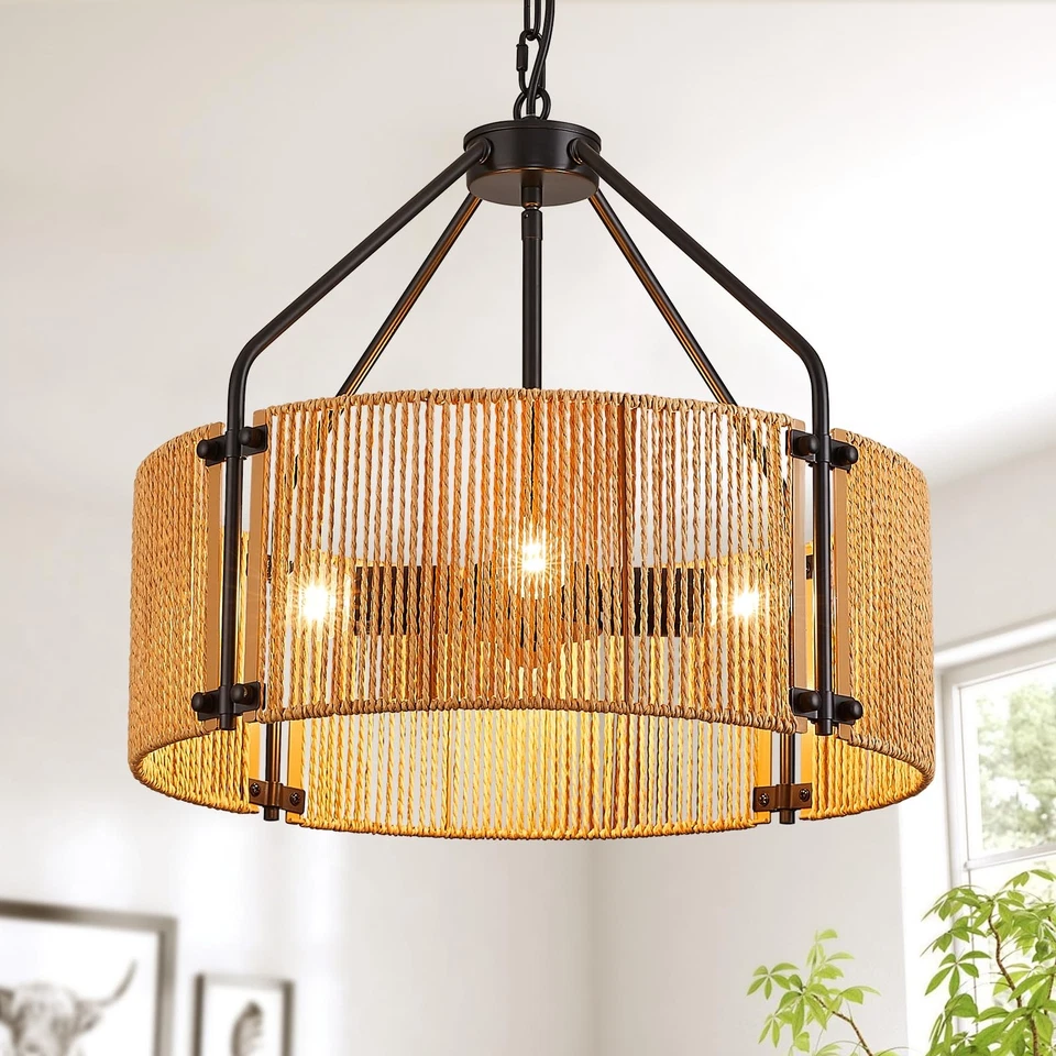 Lámpara de araña de ratán de 18,1", 4 luces grande negra colgante tejido de mimbre... Foto 1 de 4