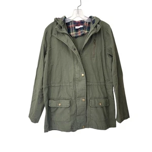 Blu Pepper Women's Green Jacket With Plaid Lined Hood Long Sleeve Snap & Zipper - Picture 1 of 3