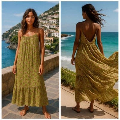 Anthropologie Green Paisley Maxi Dress Boho Flounce Lounge Beach Vacation S NEW - Image 1 of 4