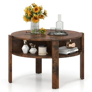 29.5" 2-Tier Round Coffee Table w/ Storage 4 Shelves Faux Wooden Top - Picture 1 of 10