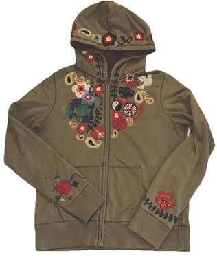 Vintage Lucky Brand Hoodie Size L Peace Love Boho Embroidered Green Full Zip - Image 1 of 4