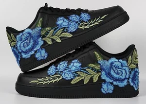 Nike Air Force 1 Low Custom Shoes Black Blue Rose Floral Mens Size 9.5 Womens 11 - Picture 1 of 12
