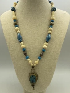 Vintage Turquoise Ceramic Cream Silver Beaded 925 Silver Clasp Necklace 26” - Picture 1 of 14