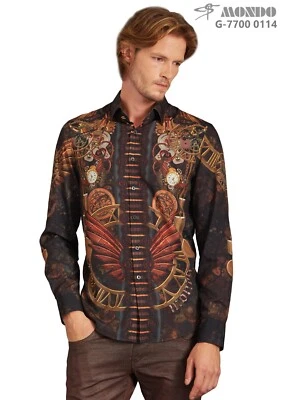 Mondo Men's Long sleeve shirt Italian Fashion brown CLOCK pattern DIGITAL PRINT - Image 1 of 4