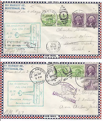 1933 US Flight Cover Lot of 2 - AM 27 5th Anniversary 728 - Unclaimed, Roessler - Image 1 of 2