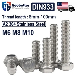 M6 M8 M10 Hex Head Bolts A2 304 Stainless Steel Fully Threaded Screw L=8mm-100mm - Picture 1 of 68
