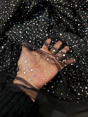 Black Mesh Fabric Glued Iridescent Sequin Dots Fabric Sold By The Yard Prom Dres - Image 1 of 4