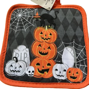 Halloween 2 Pot Holder Set Orange Pumpkin Holiday Fall Kitchen Accessories - Picture 1 of 7