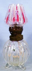 Miniature Lamp Clear Glass Red Highlight Base Shade Orig Burner Kerosene Antique - Picture 1 of 4