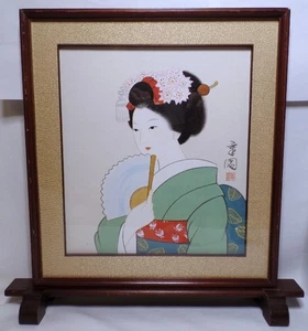 VINTAGE JAPANISCHE GEISHA BIJIN MAIKO FAN TÄNZERIN SIGNIERT GERAHMT GOUACHE GEMÄLDE - Bild 1 von 14