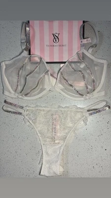 Victoria's Secret Very Sexy Thin Shine Strap White Lace Bralette Set 38DD & Sz M - Image 1 of 3