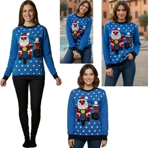 Ladies Long Sleeve Christmas Jumper Santa & Rudolph on Bike Knit Festive Sweater - Picture 1 of 7