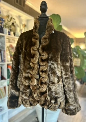 Abrigo de piel sintética con volantes talla L Fabulous Furs Donna Salyer forro floral satinado Foto 1 de 4