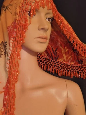 Vintage Beaded Crocheted Orange Iris Bamboo Scarf One Of A Kind Translucent  - Image 1 of 4